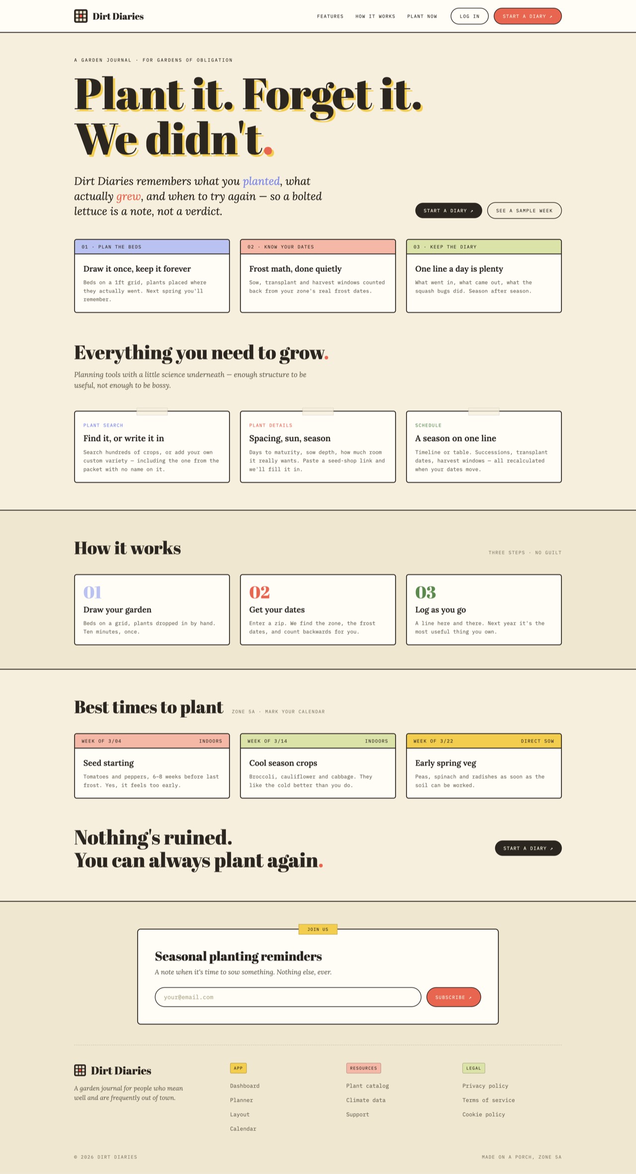 Dirt Diaries — the page, scrollable