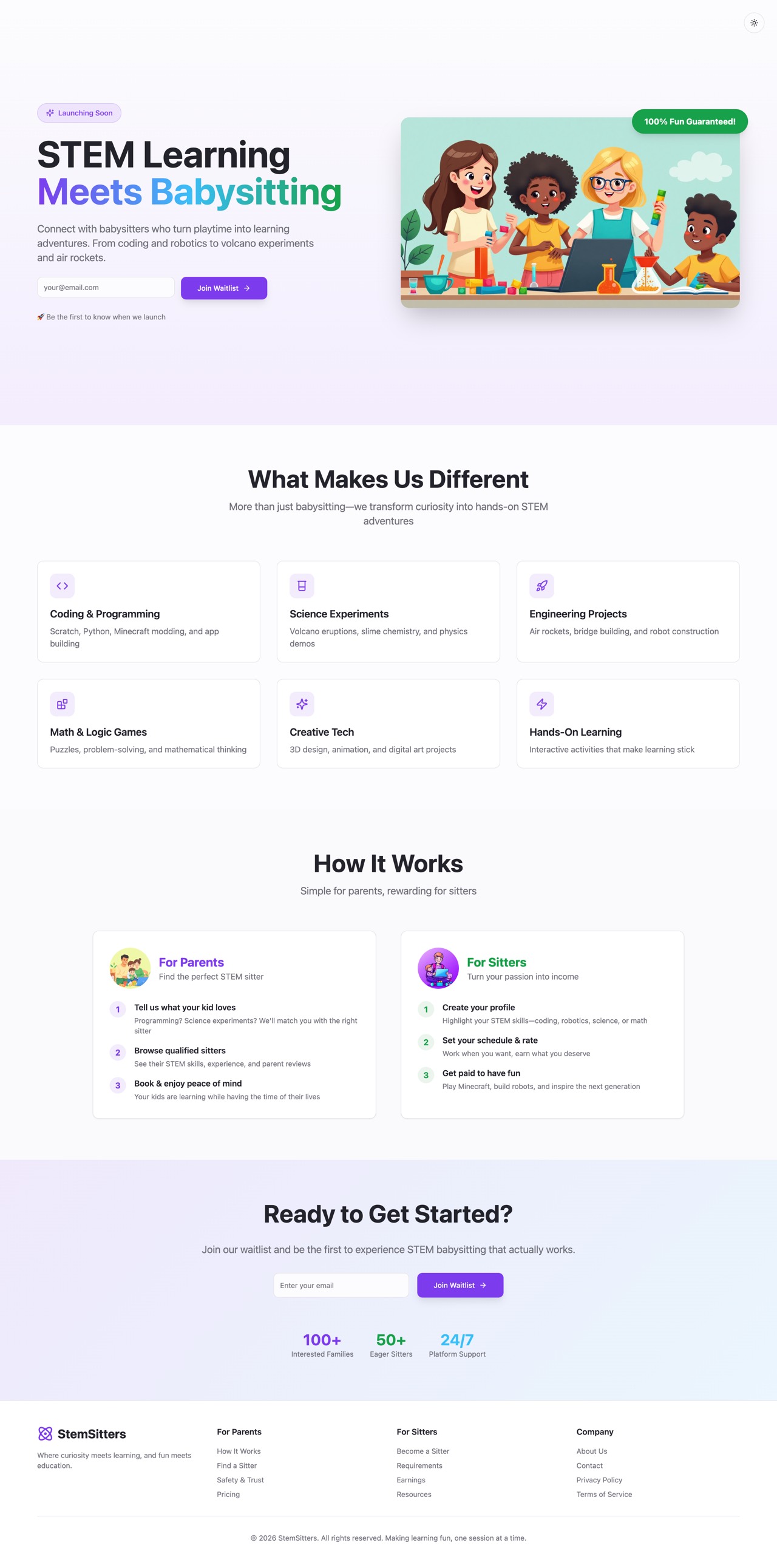 StemSitters — the page, scrollable